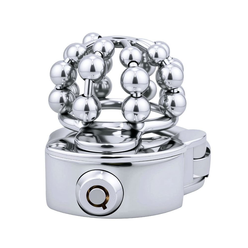 Stainless Steel Chastity Cage – Movable Bead Front, 32–50mm Adjustable Ring, Built-in Lock