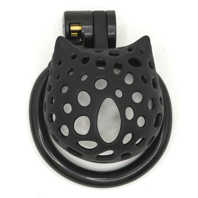 Jaula de castidad de resina con forma de gato: ligera (75 g), transpirable, 4 tamaños de anillo, rosa o negra