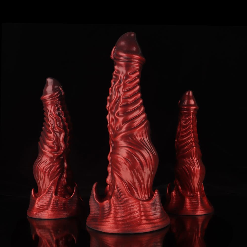 Ghostly Crimson Fantasy Dildo – Textured Spiral Silicone Toy with Weighted Base