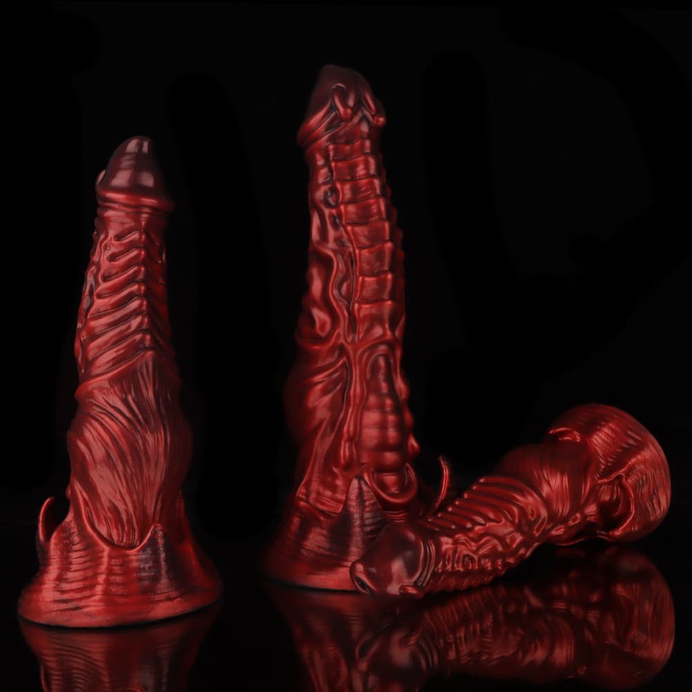 Ghostly Crimson Fantasy Dildo – Textured Spiral Silicone Toy with Weighted Base