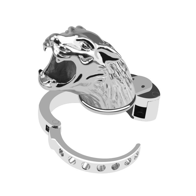 Jaula de castidad metálica con cabeza de leopardo y cierre interno. Anillo de base ajustable para hombres.
