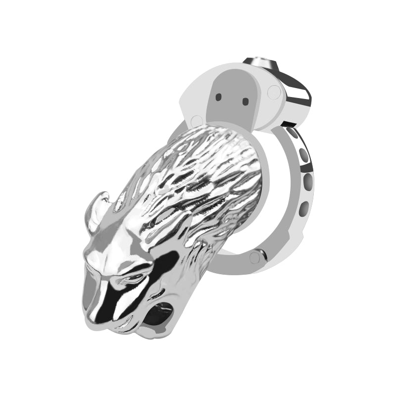 Leopard Head Metal Chastity Cage with Internal Lock – Adjustable Base Ring for Men