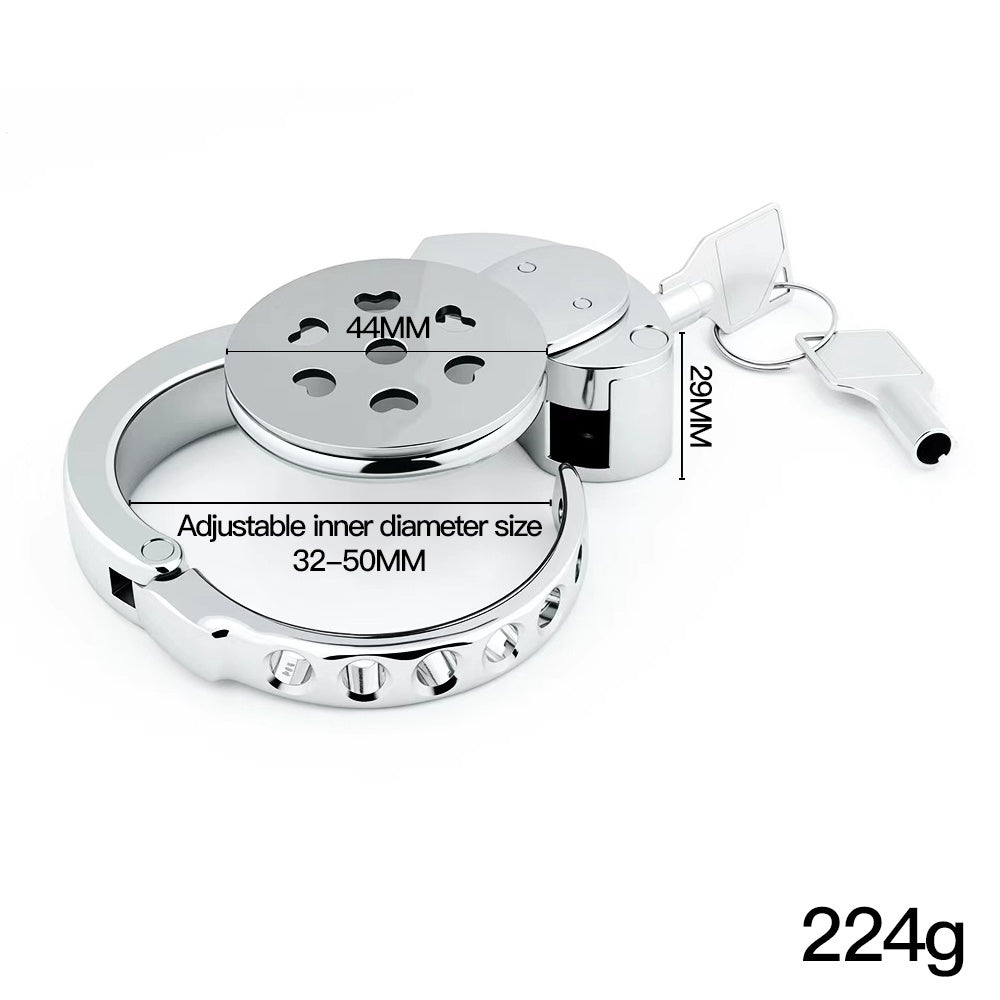 Adjustable Flat Chastity Cage with Heart Pattern – Custom-Fit Metal Lock in Love-Inspired Design