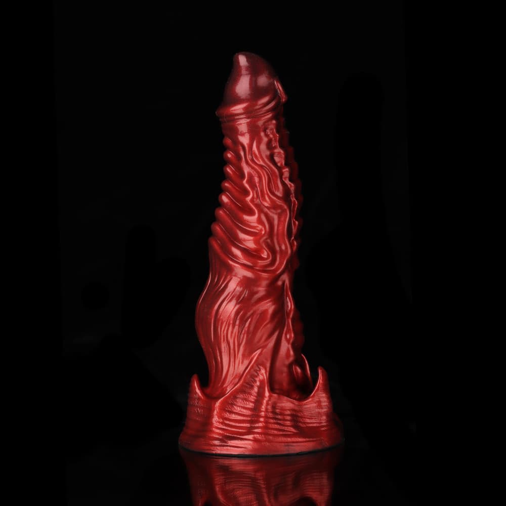 Ghostly Crimson Fantasy Dildo – Textured Spiral Silicone Toy with Weighted Base