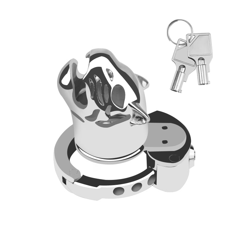 Leopard Head Metal Chastity Cage with Internal Lock – Adjustable Base Ring for Men