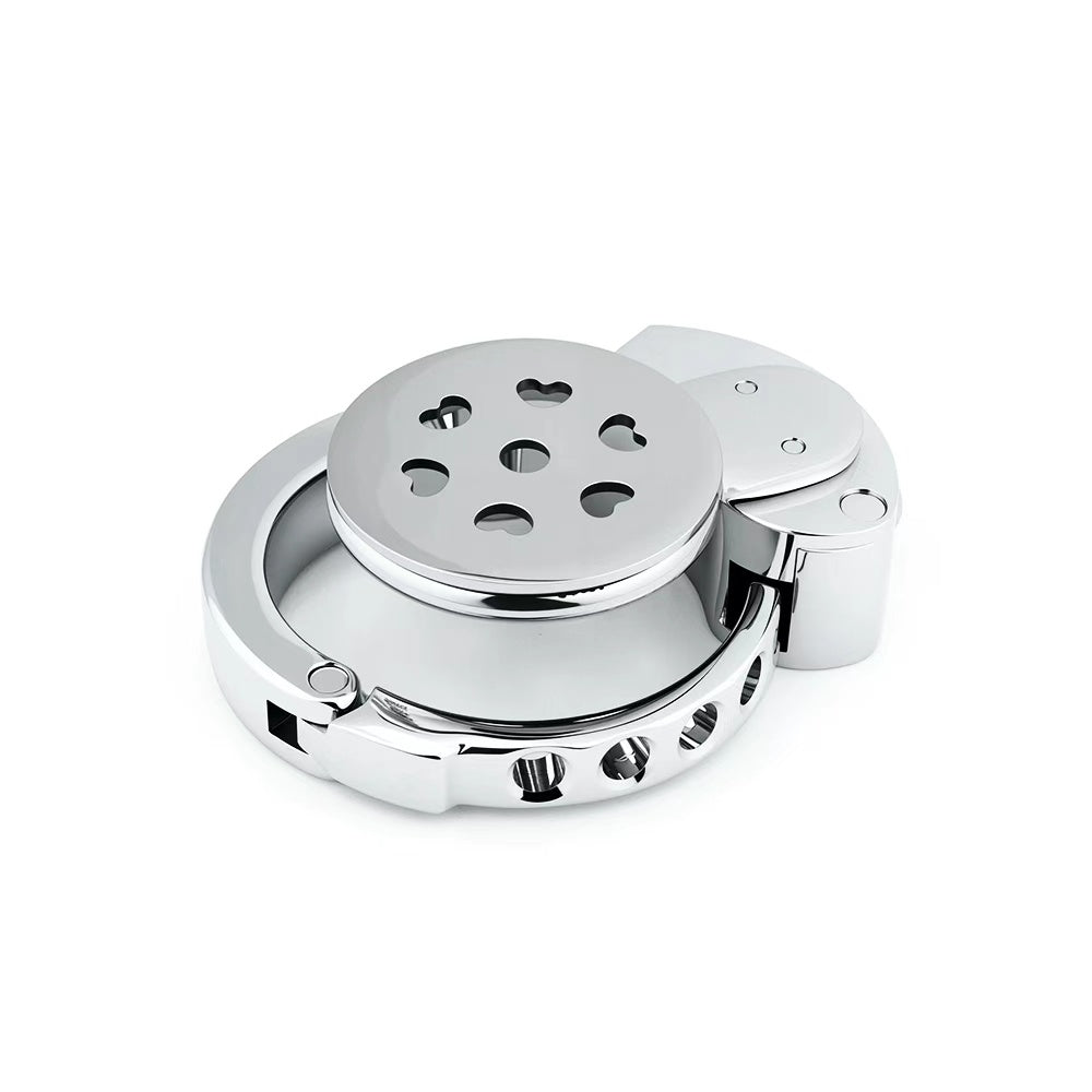 Adjustable Flat Chastity Cage with Heart Pattern – Custom-Fit Metal Lock in Love-Inspired Design