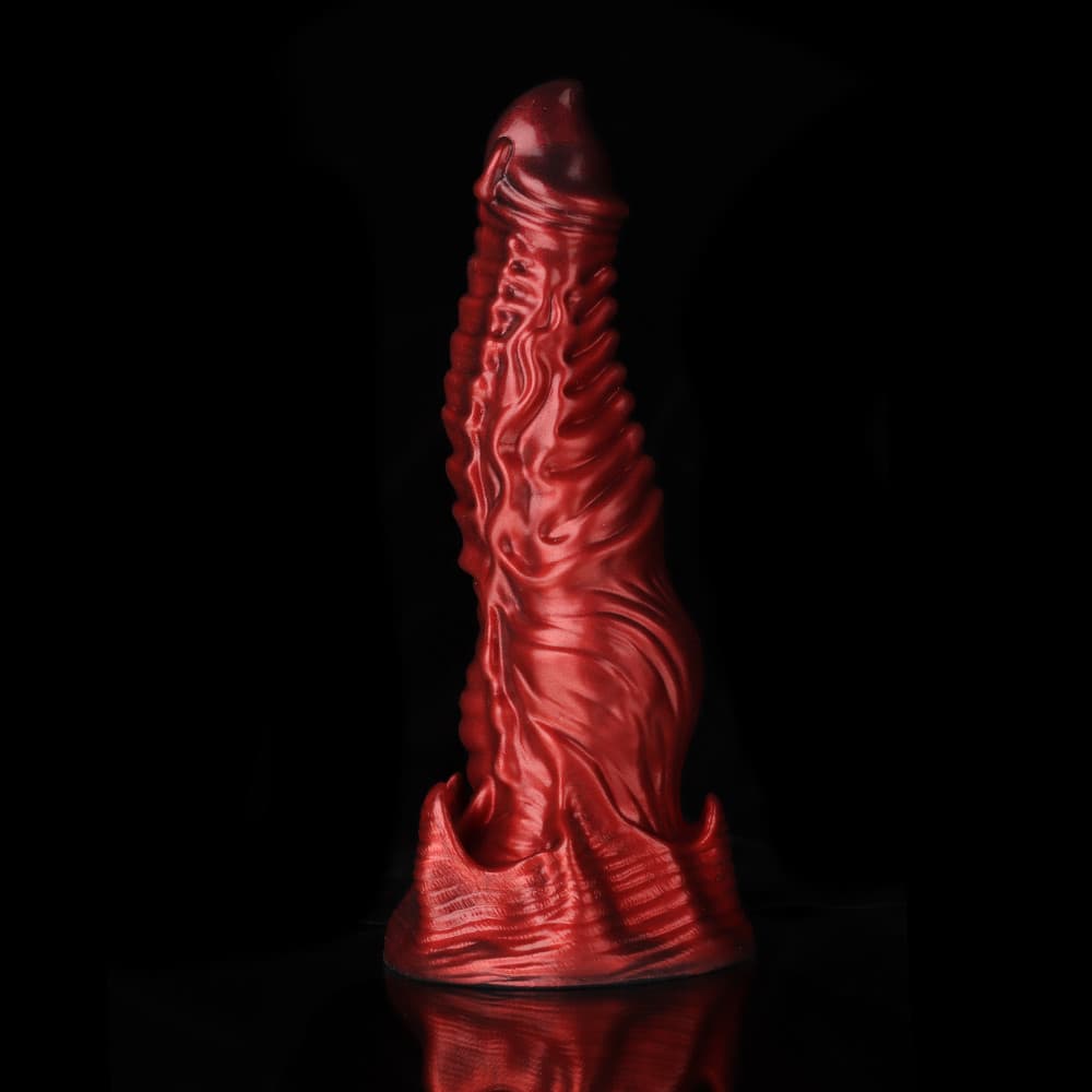Ghostly Crimson Fantasy Dildo – Textured Spiral Silicone Toy with Weighted Base