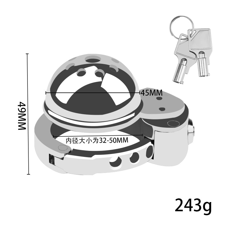 Metal Cock Chastity Cage with Invisible Button Lock – 6-Size Adjustable, Ventilated Flat-Style Chastity Device for Men