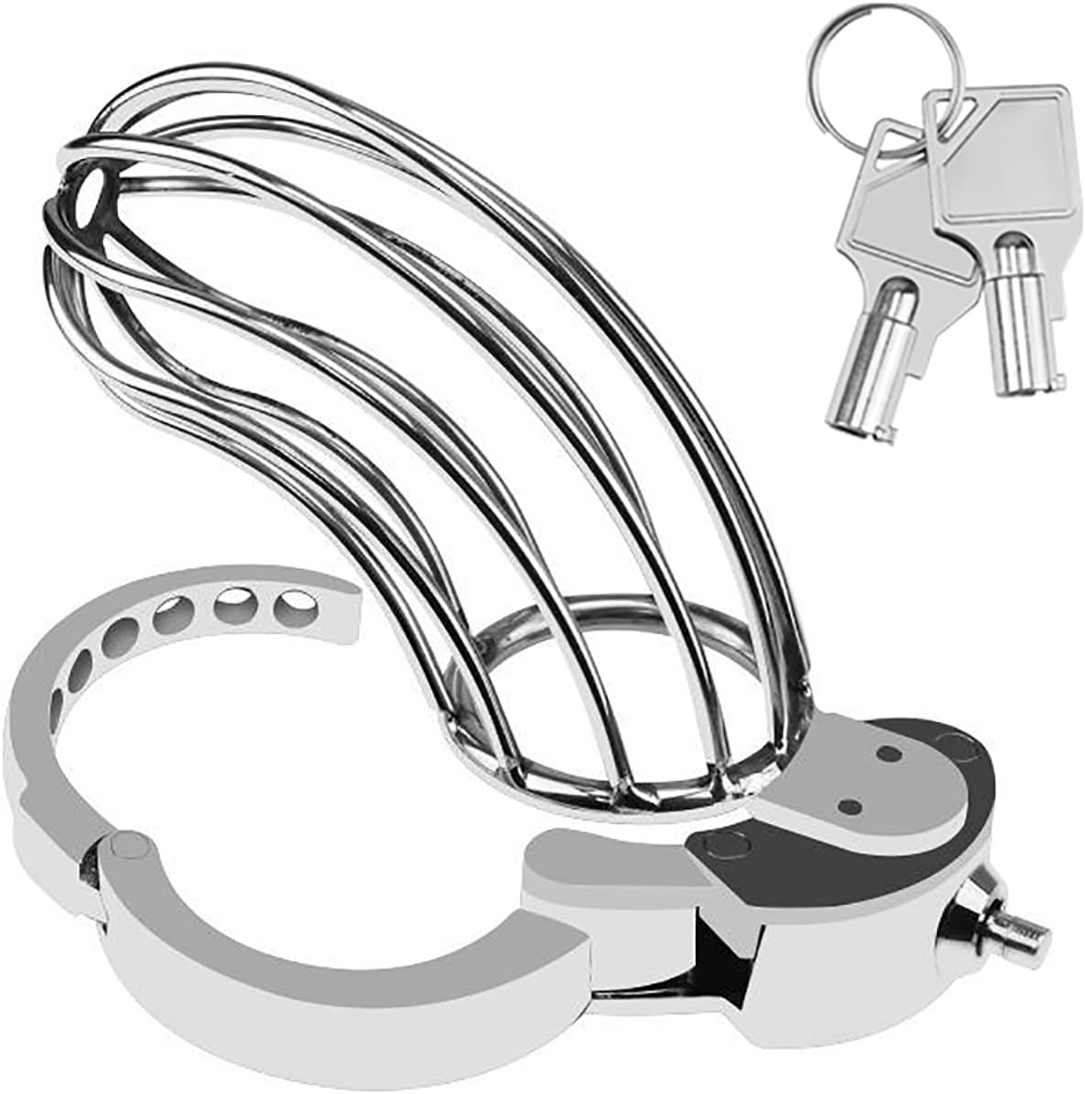 Large Adjustable Metal Male Chastity Cage – Secure Locked Penis Cage with 2 Keys Included, Silver
