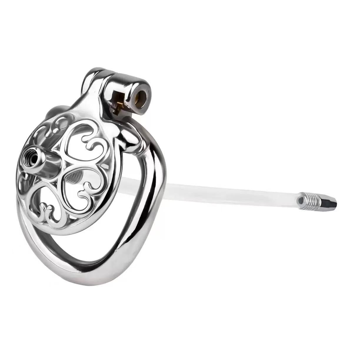Metal Flat Chastity Cage for Men with Heart Detailing