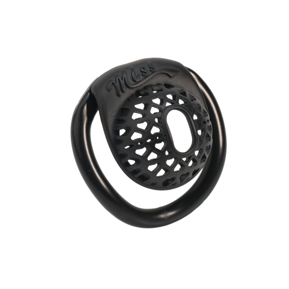 Miss Heart Lattice Ring Lock – Cute Heart Openwork Chastity Ring (Pink / Black)