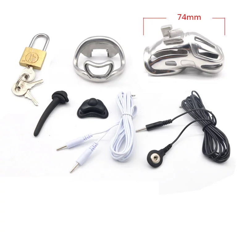 Electric Shock Male Chastity Cage 1.0 – Small Size Stainless Steel Edition