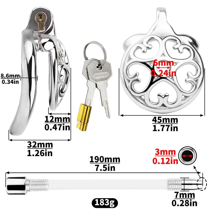 Metal Flat Chastity Cage for Men with Heart Detailing