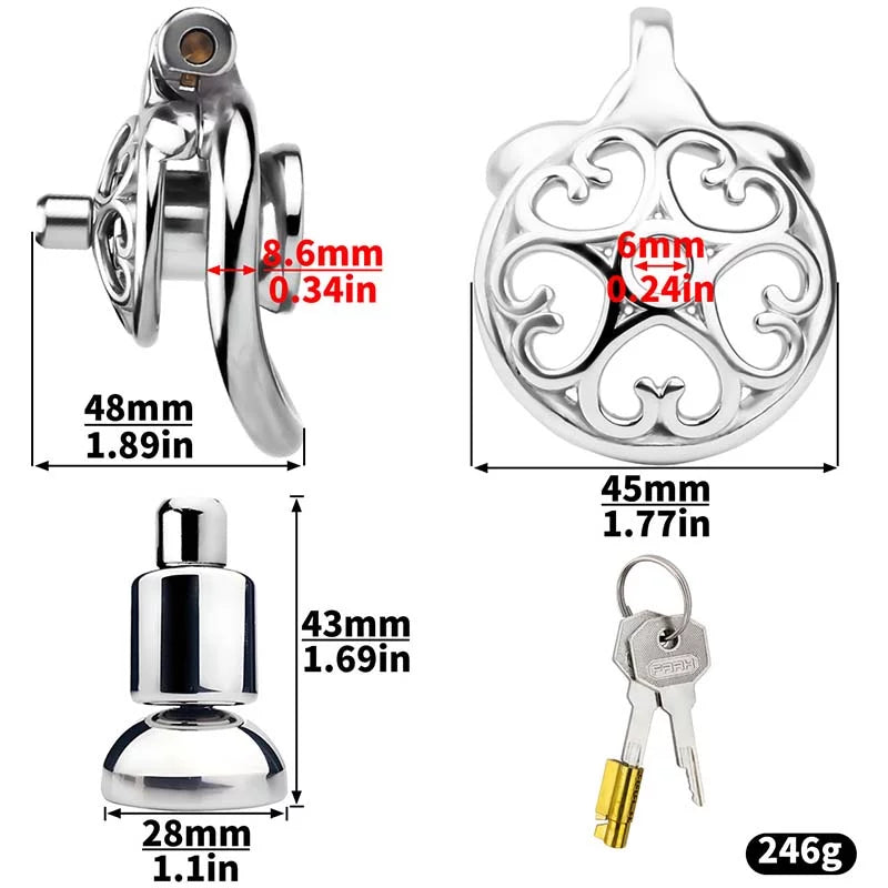 Metal Flat Chastity Cage for Men with Heart Detailing