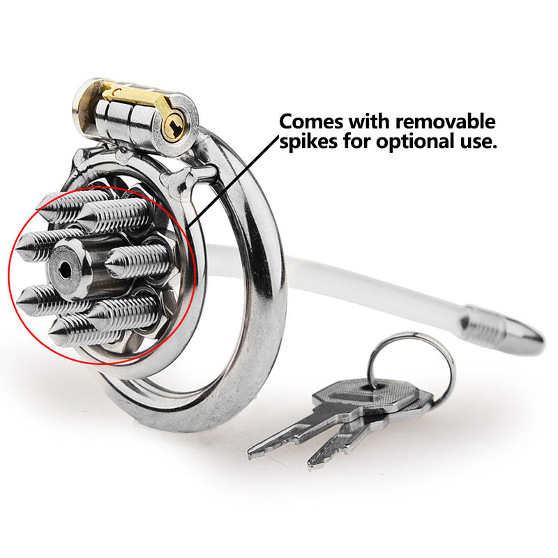 FLAT CHASTITY CAGE SPIKED METAL CATHETER