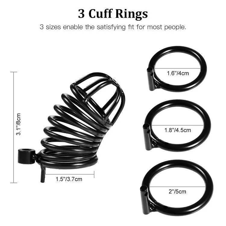 Jaula de castidad Dark Knight | Jaula de metal negra para pene con 3 anillos ajustables para BDSM y juegos de control