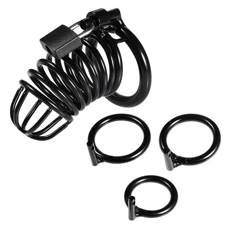 Jaula de castidad Dark Knight | Jaula de metal negra para pene con 3 anillos ajustables para BDSM y juegos de control