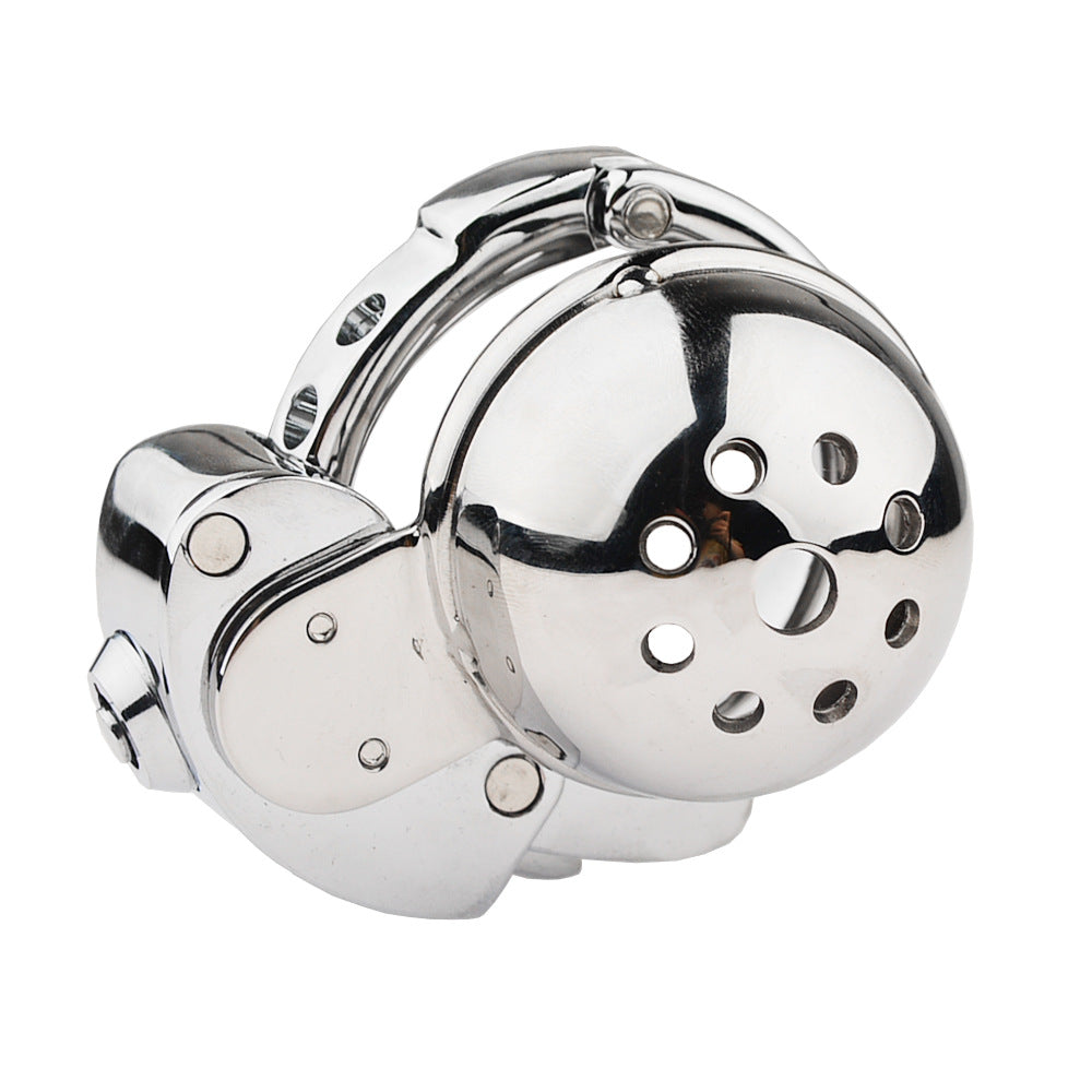 Metal Cock Chastity Cage with Invisible Button Lock – 6-Size Adjustable, Ventilated Flat-Style Chastity Device for Men