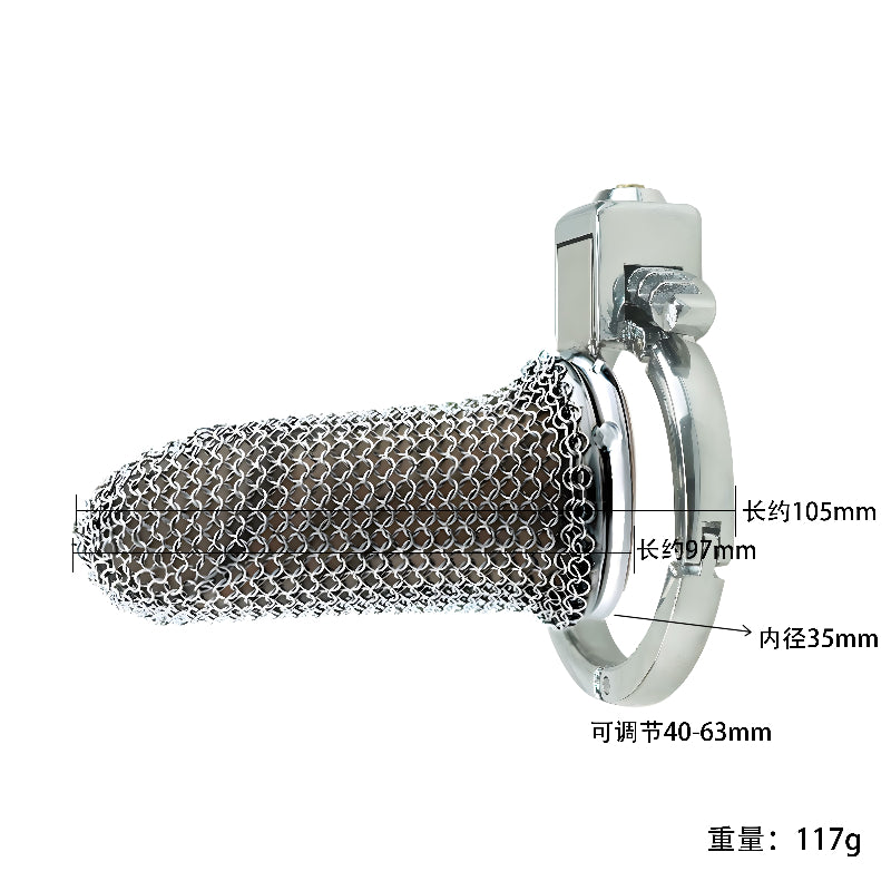 Jaula de castidad ligera de metal completo: parte frontal de malla, anilla de aleación, cerradura integrada, anilla de 40 a 63 mm