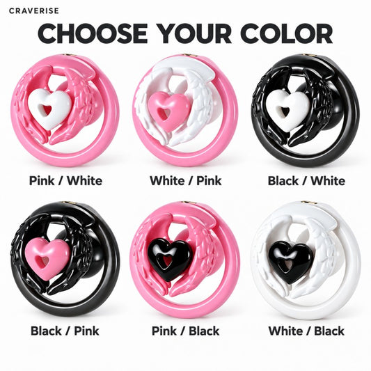 All six angel wing inverted chastity cage color combinations, comparing pink, white and black wings with contrasting hearts.