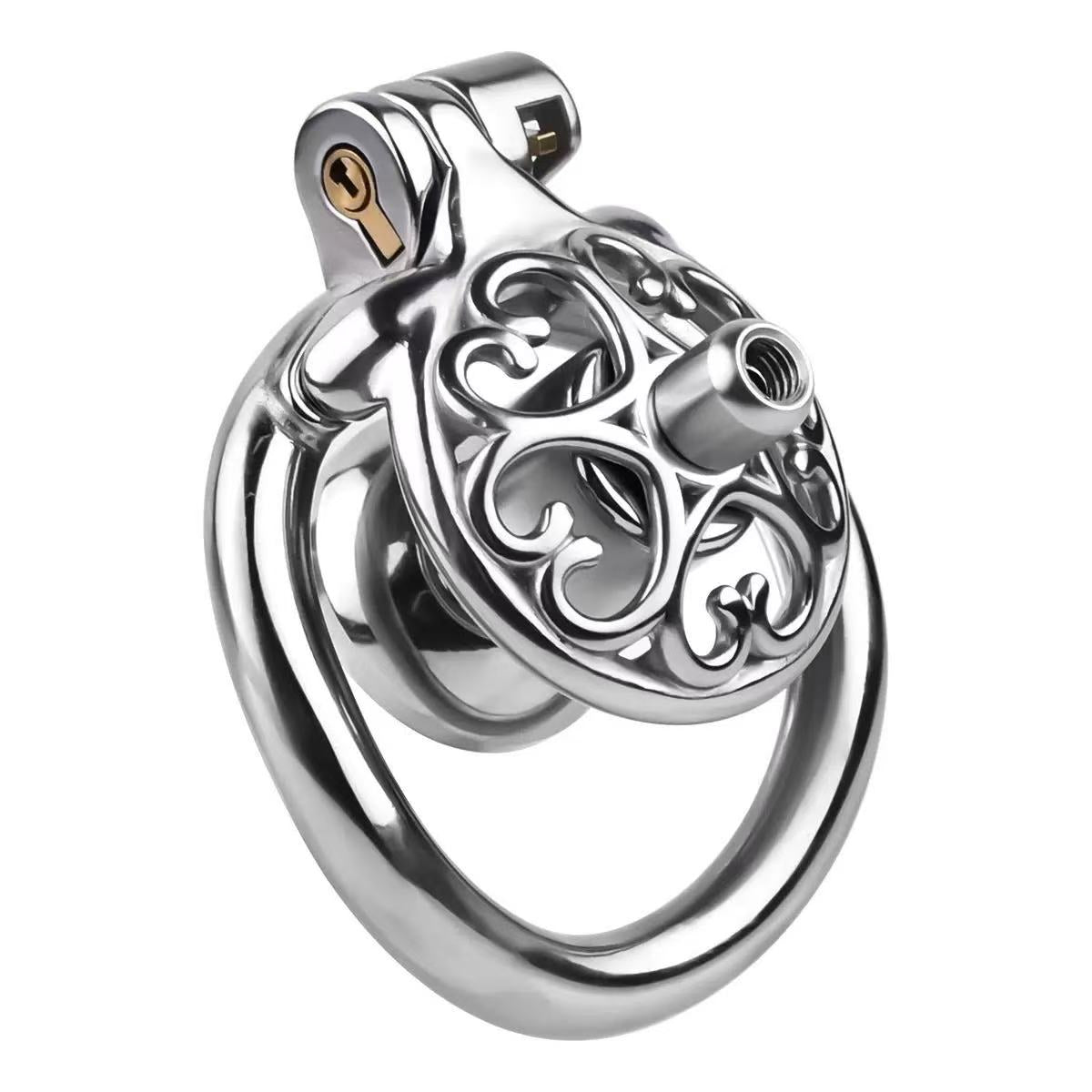 Metal Flat Chastity Cage for Men with Heart Detailing