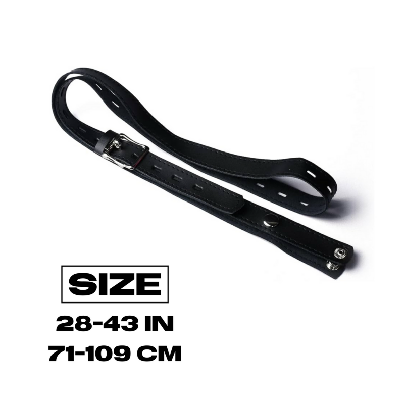 Top view of Chastity Belt highlighting durable faux leather construction, adjustable for waist 26–43 in (71–109 cm)