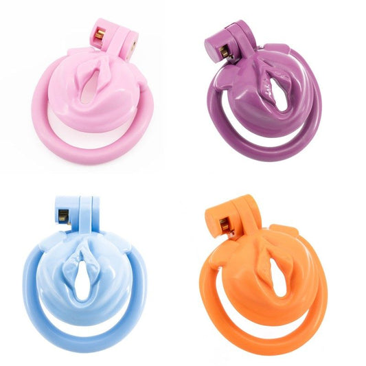 Alt="Pussy-shaped resin chastity cage with ergonomic design and breathable hollow-out structure for comfort and safety"