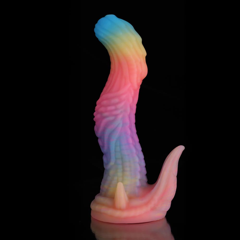 Consolador de fantasía de dinosaurio azul, amarillo y morado