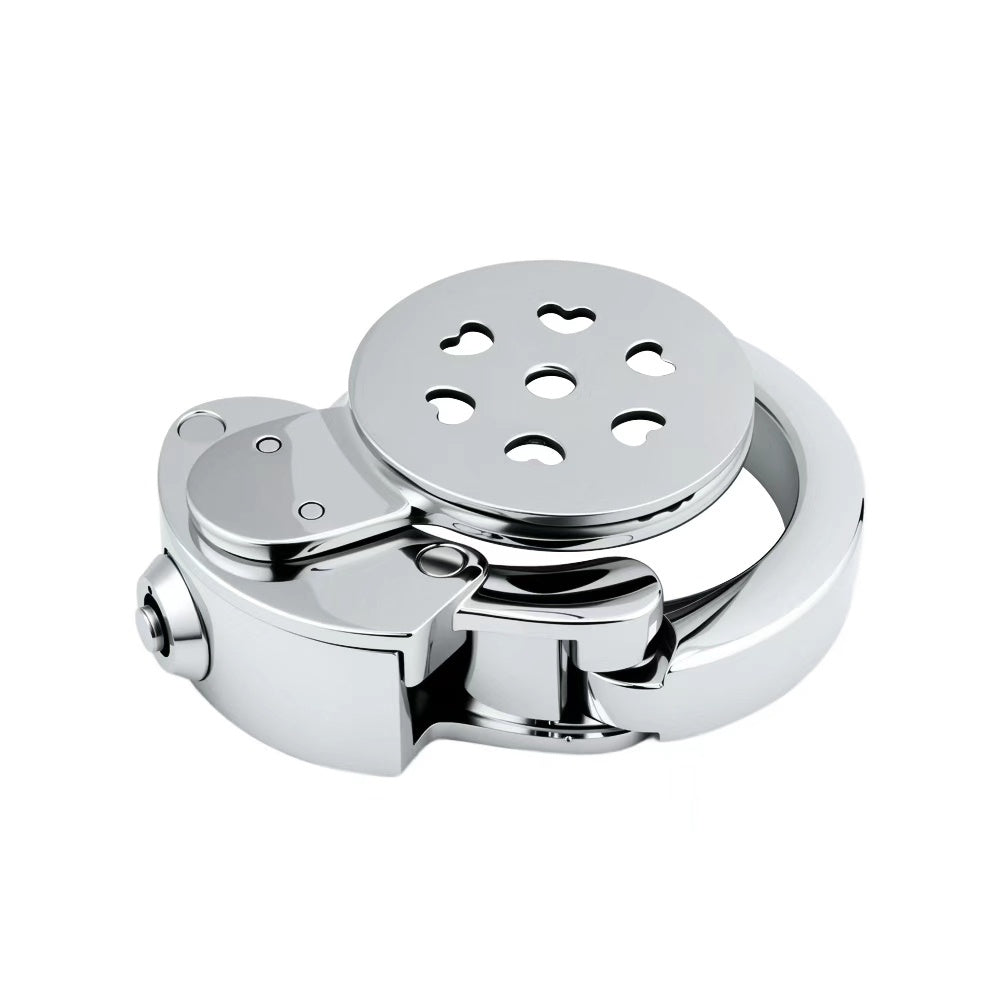 Adjustable Flat Chastity Cage with Heart Pattern – Custom-Fit Metal Lock in Love-Inspired Design