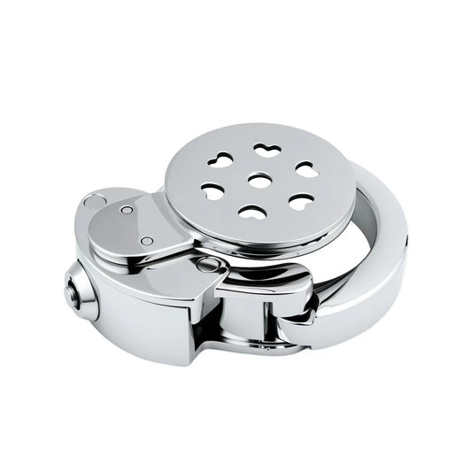 Adjustable Flat Chastity Cage with Heart Pattern – Custom-Fit Metal Lock in Love-Inspired Design