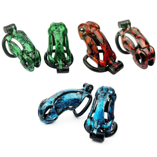 Hand-Painted Cobra Resin Male Chastity Cage – Marble Finish, Multi Sizes (S+ S N+ R+ R), 42–52mm Rings, Lightweight & Breathable