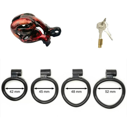 Hand-Painted Cobra Resin Male Chastity Cage – Marble Finish, Multi Sizes (S+ S N+ R+ R), 42–52mm Rings, Lightweight & Breathable
