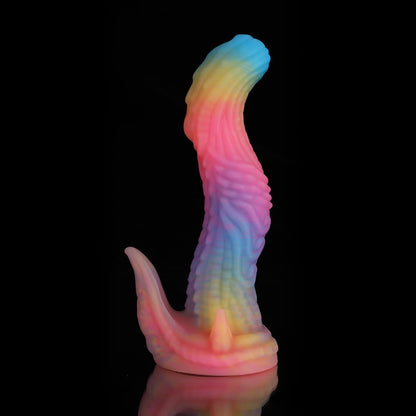 Consolador de fantasía de dinosaurio azul, amarillo y morado
