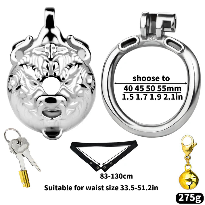 Metal Beast Tiger & Bull Chastity Cage with Bell