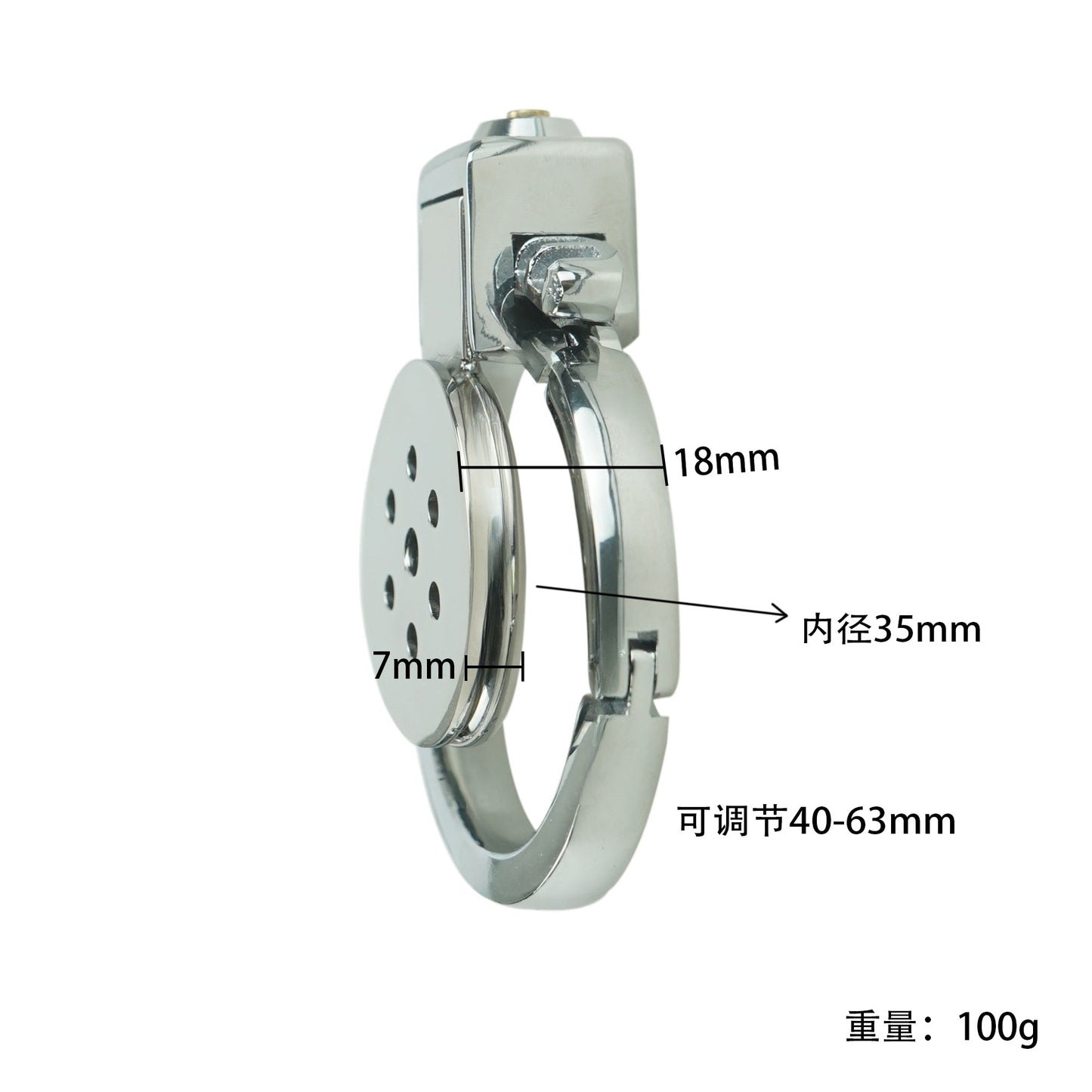 Verstellbarer Keuschheitskäfig aus Metall – 40–63 mm Basisring, flaches Schloss, integriertes Design