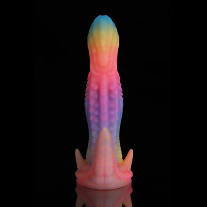 Consolador de fantasía de dinosaurio azul, amarillo y morado