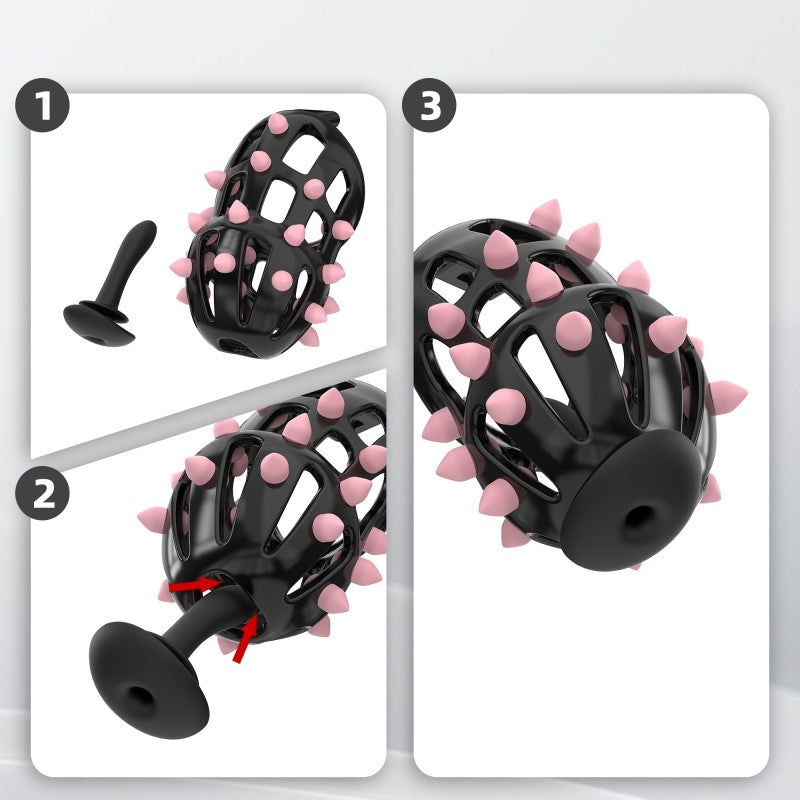 Spiked Chastity Cage Harness Set with Remote Vibrating Anal Plug
