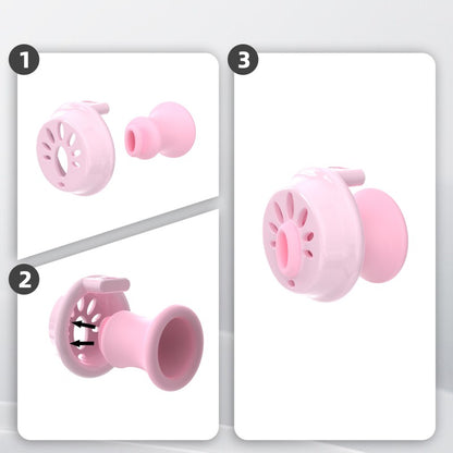 Exploded and assembled views showing a Pink Gen 2 insert positioned within a separate transparent cage shell.