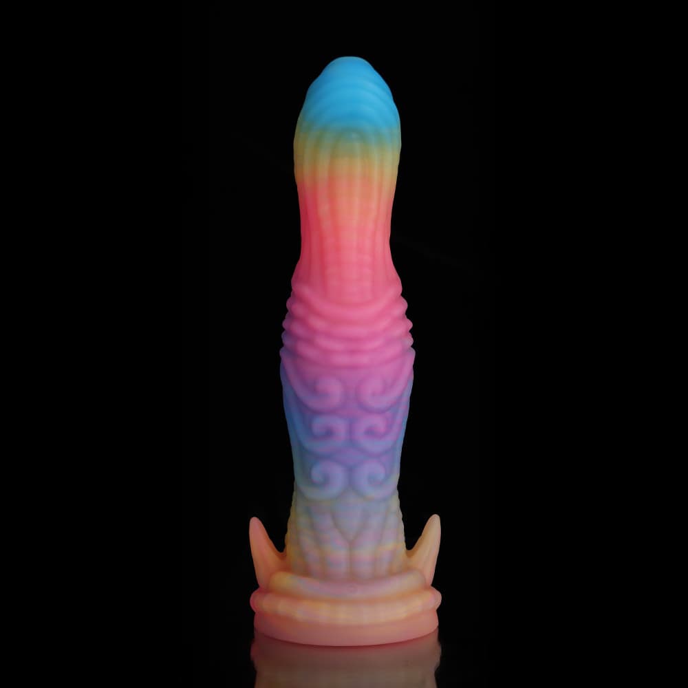Consolador de fantasía de dinosaurio azul, amarillo y morado