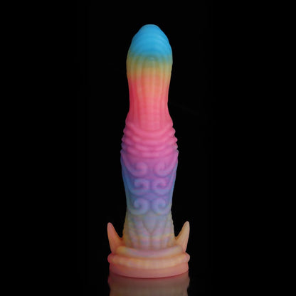 Consolador de fantasía de dinosaurio azul, amarillo y morado