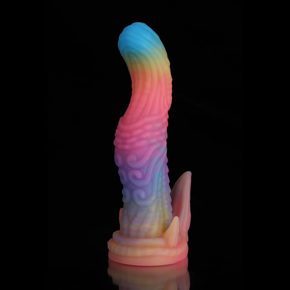 Consolador de fantasía de dinosaurio azul, amarillo y morado