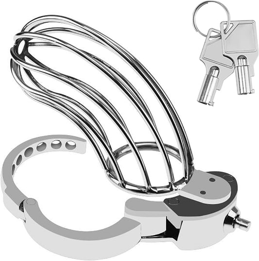 Large Adjustable Metal Male Chastity Cage – Secure Locked Penis Cage with 2 Keys Included, Silver