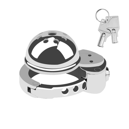 Metal Cock Chastity Cage with Invisible Button Lock – 6-Size Adjustable, Ventilated Flat-Style Chastity Device for Men