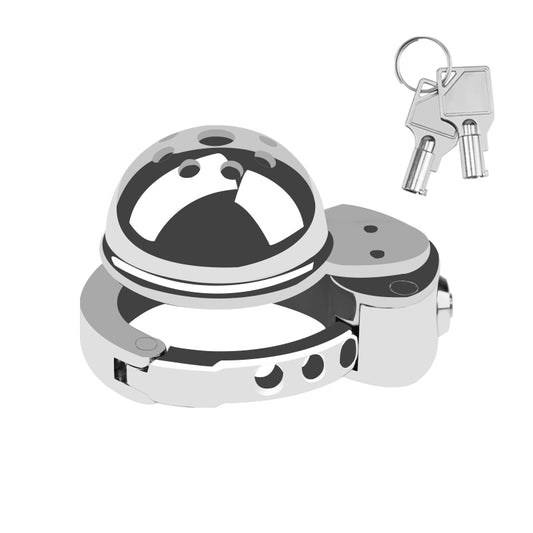 Metal Cock Chastity Cage with Invisible Button Lock – 6-Size Adjustable, Ventilated Flat-Style Chastity Device for Men