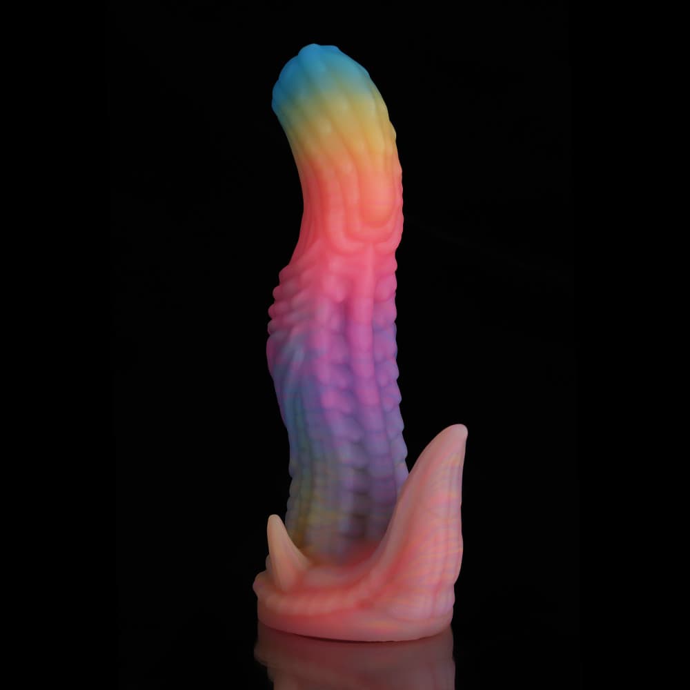 Consolador de fantasía de dinosaurio azul, amarillo y morado