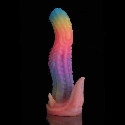 Consolador de fantasía de dinosaurio azul, amarillo y morado