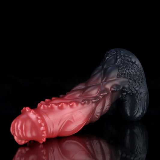 Spiny Orange Black Fantasy Knot Dildo – Textured Silicone Creature Toy with Harness-Compatible Base
