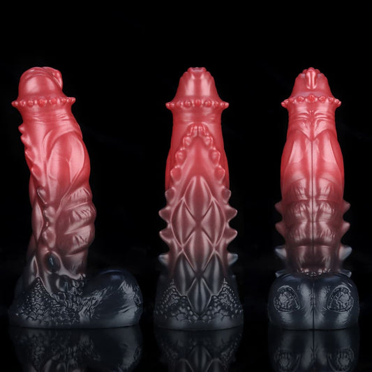 Spiny Orange Black Fantasy Knot Dildo – Textured Silicone Creature Toy with Harness-Compatible Base
