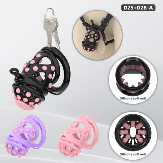 Silicone Soft Nail Chastity Cage | Male Chastity Device with Airport-Security Plastic Lock – 3 Wearing Methods, Pink/Black/Purple, S/M Sizes
