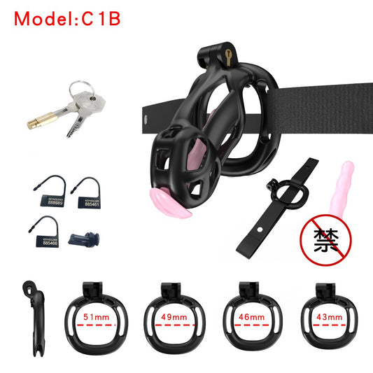 3D Printed Male Chastity Cage with Lock & 5 Rings – Resin Virginity Device with Strap for Men
